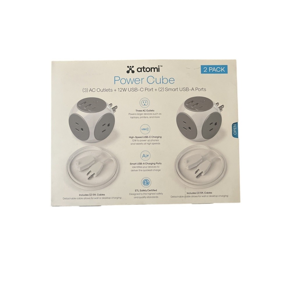 Atomi Power Cube 2 Pack White Gray 3 AC Outlets USB-C USB-A 5ft Cable NEW